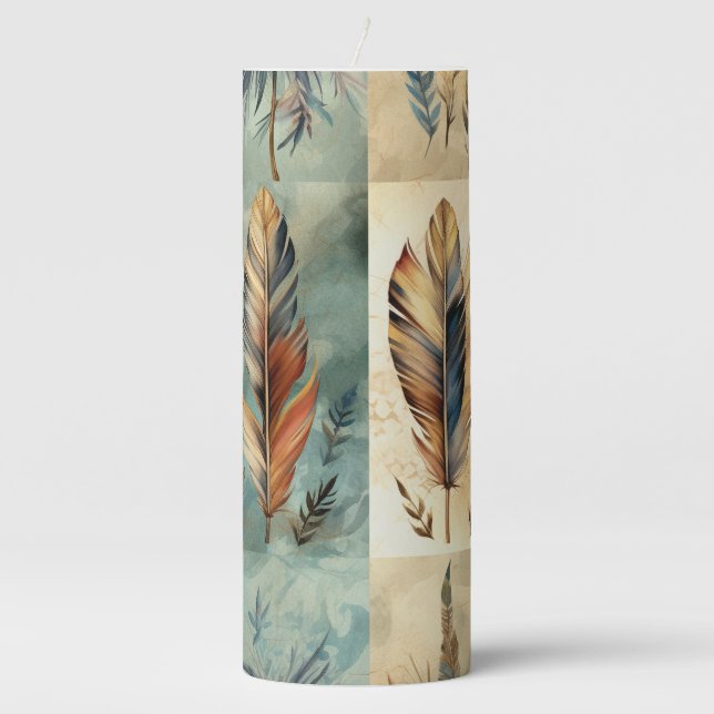 Aztec Tribal Feathers Medicine Stick Pillar Candle (Front)