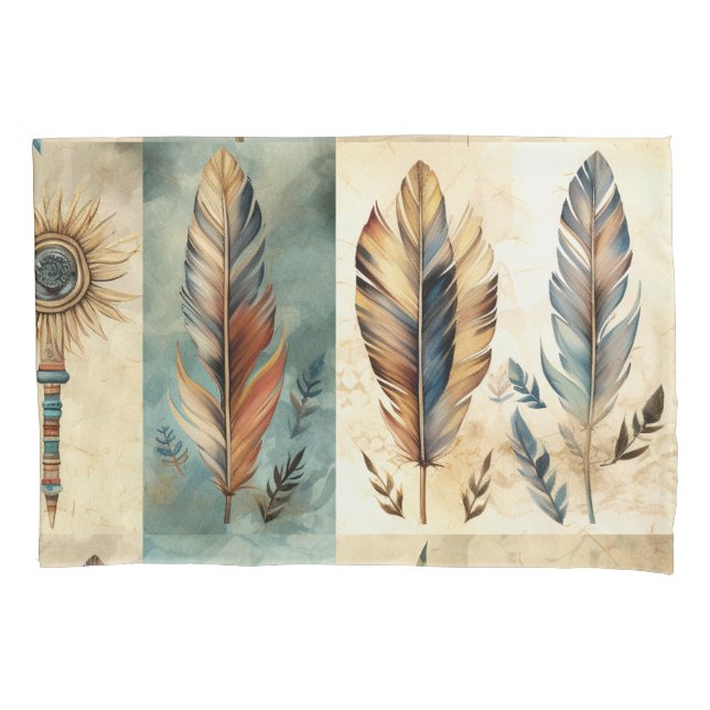 Aztec Tribal Feathers Medicine Stick Pillow Case (Front-Left)