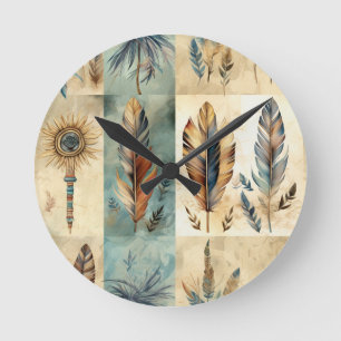 Aztec Tribal Feathers Medicine Stick Round Clock