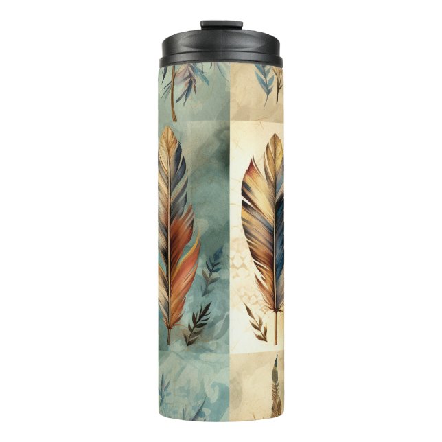 Aztec Tribal Feathers Medicine Stick Thermal Tumbler (Front)