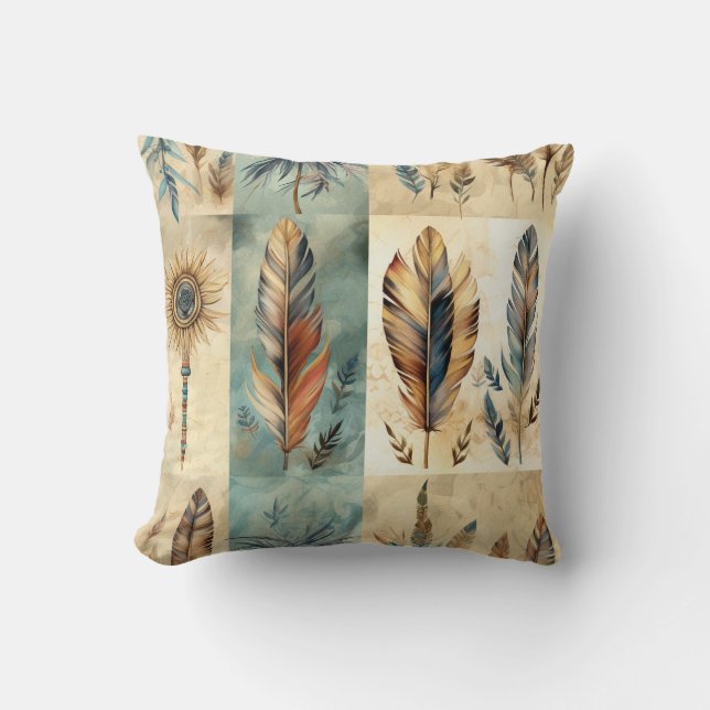 Aztec Tribal Feathers Medicine Stick Throw Pillow (Front)
