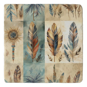 Aztec Tribal Feathers Medicine Stick Trivet