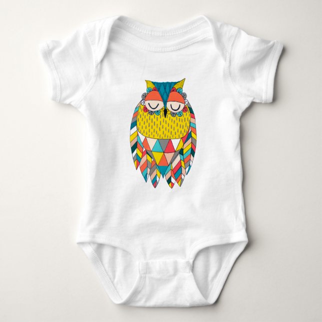 Aztec Tribal Modern Owl Illustration Baby Bodysuit (Front)