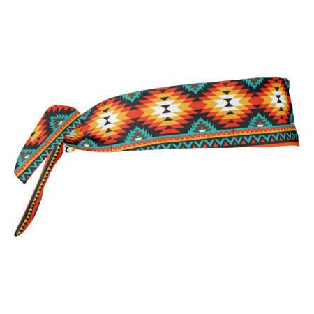 Aztec Tribal Orange Turquoise Black Gold Tie Headband