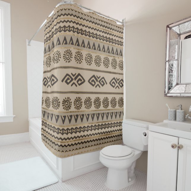 Aztec Tribal Pattern Beige and Gold Shower Curtain (In Situ)