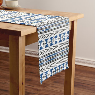 Aztec Tribal Pattern Blue Black And White Short Table Runner