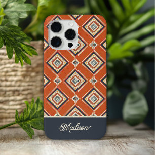 Aztec Tribal Pattern Rust Blue Personalized Name iPhone 15 Pro Max Case