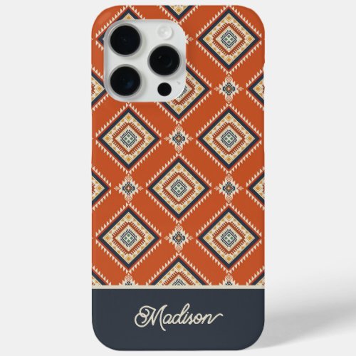  Aztec Tribal Pattern Rust Blue Personalized Name iPhone 15 Pro Max Case