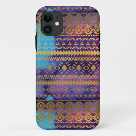 Aztec Tribal Pink, Purple, Aqua & Gold Watercolor Iphone 11 Case