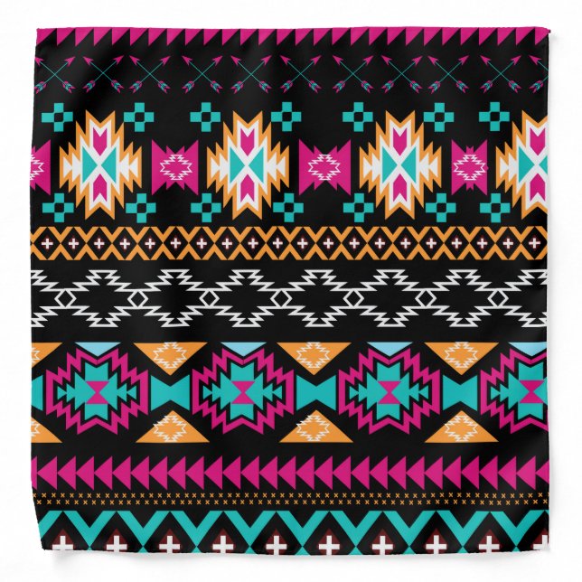 Aztec Tribal print hot pink turquoise black Bandana (Front)