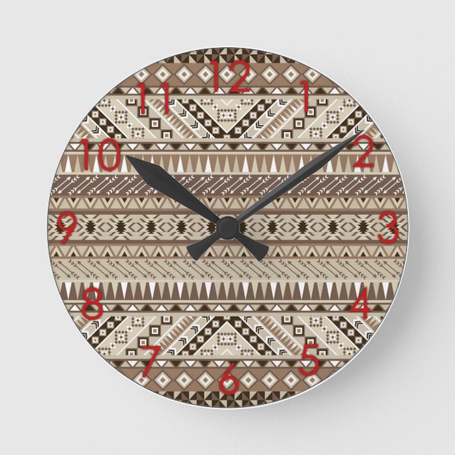 Aztec Tribal Print Neutral Browns Beige Taupe red Round Clock (Front)