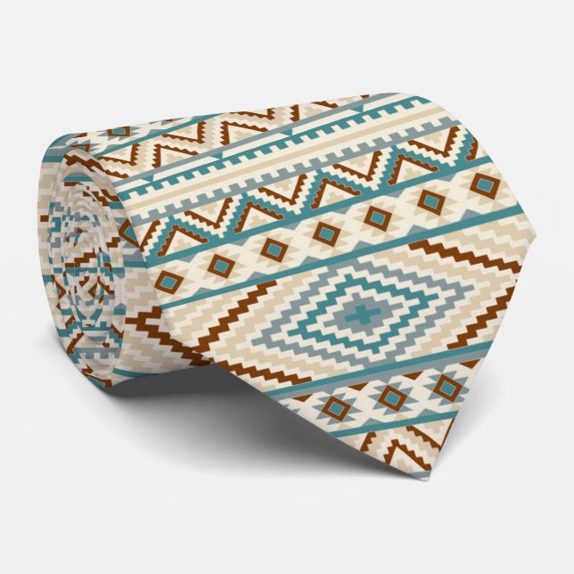 Aztec Tribal Print Neutral Browns Beige Teal Neck Tie (Rolled)