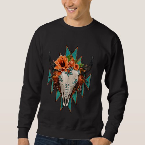 Aztec Turquoise Cow Bull Skull Western Rodeo Boho  Sweatshirt