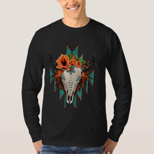Aztec Turquoise Cow Bull Skull Western Rodeo Boho  T_Shirt