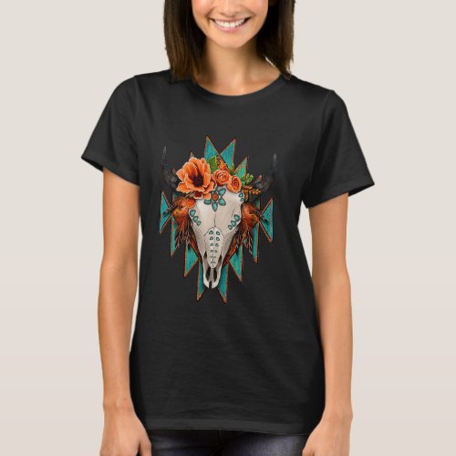 Aztec Turquoise Cow Bull Skull Western Rodeo Boho  T_Shirt