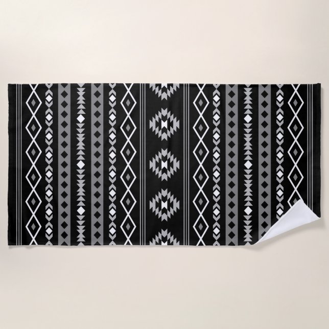 Aztec White Grey Black Mixed Motifs Pattern Beach Towel (Front)