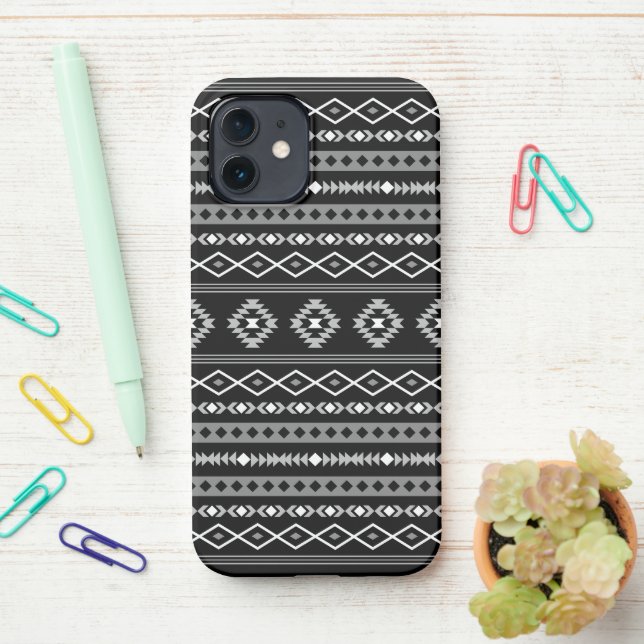 Aztec White Grey Black Mixed Motifs Pattern iPhone Case (On Desk)