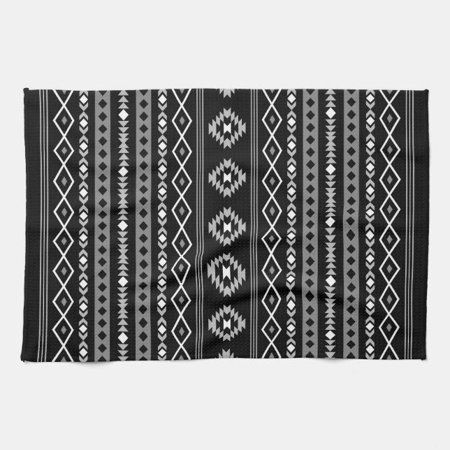 Aztec White Grey Black Mixed Motifs Pattern Kitchen Towel (Horizontal)