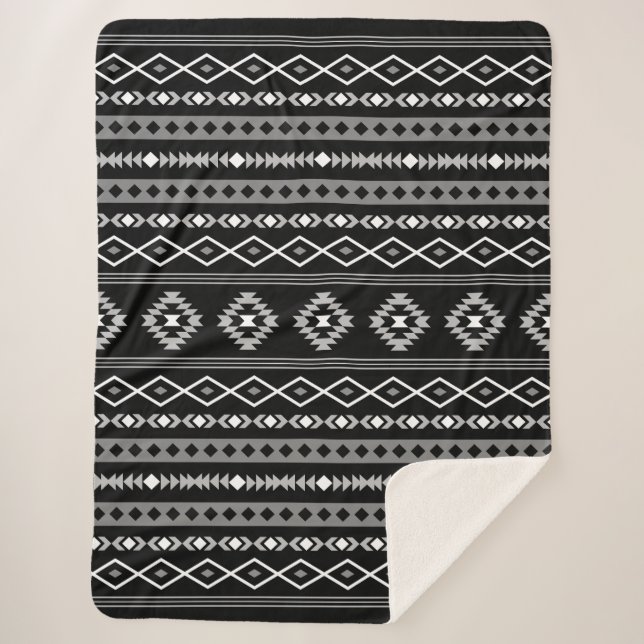 Aztec White Grey Black Mixed Motifs Pattern Sherpa Blanket (Front)