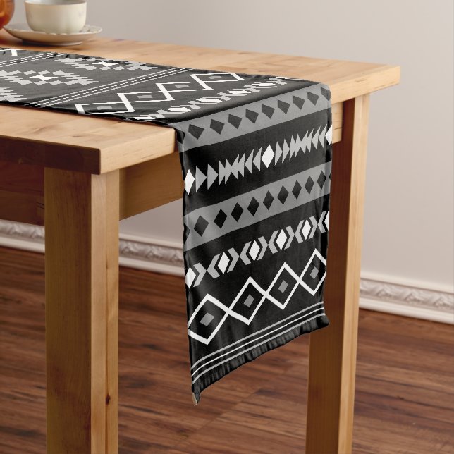 Aztec White Grey Black Mixed Motifs Pattern Short Table Runner (In Situ)