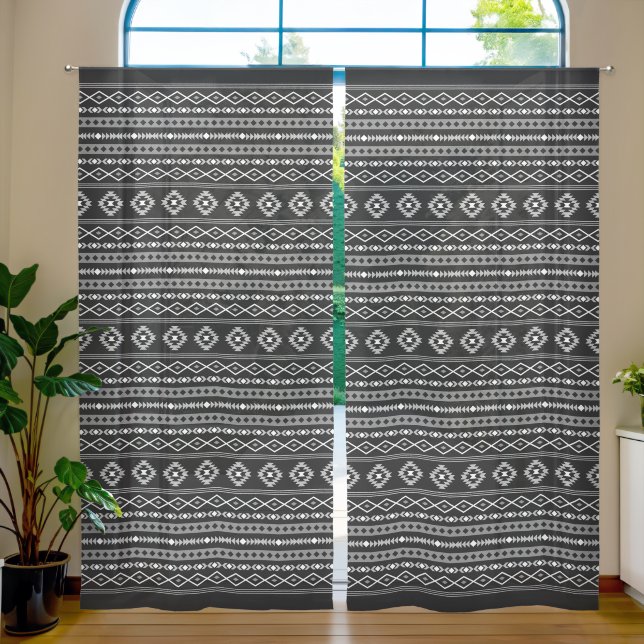 Aztec White Grey Black Mixed Motifs Rpt Pattern Sheer Curtains (Living Room)