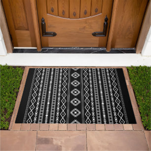 Aztec White Grey Black Mixed Motifs V Pattern Doormat