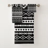 Aztec White on Black Mixed Motifs Pattern Bath Towel Set