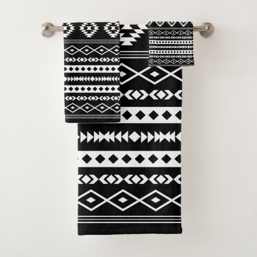 Aztec White on Black Mixed Motifs Pattern Bath Towel Set