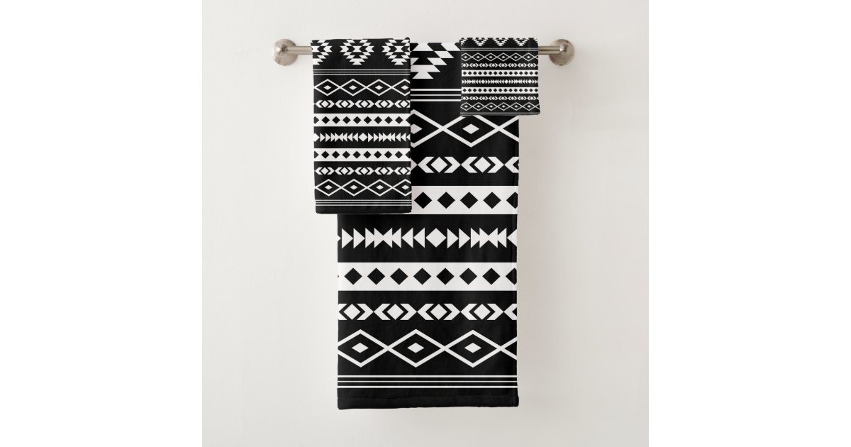 Aztec White on Black Mixed Motifs Pattern Bath Towel Set