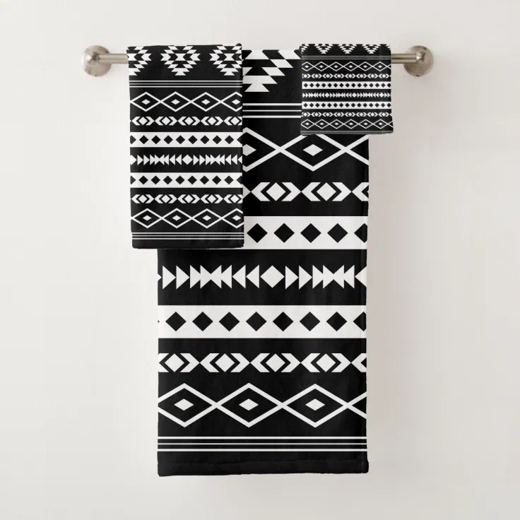 Aztec White on Black Mixed Motifs Pattern Bath Towel Set Zazzle