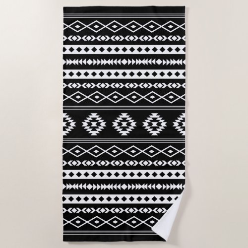 Aztec White on Black Mixed Motifs Pattern Beach Towel