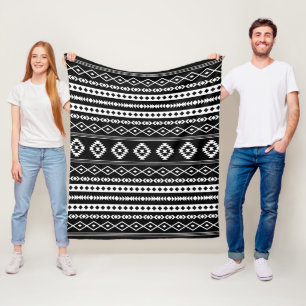 Aztec White on Black Mixed Motifs Pattern Fleece Blanket