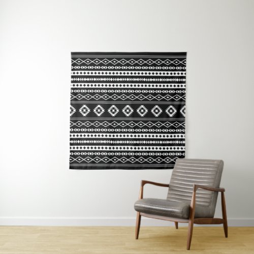 Aztec White on Black Mixed Motifs Pattern Tapestry