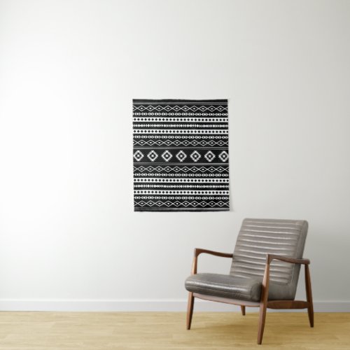 Aztec White on Black Mixed Motifs Pattern Tapestry