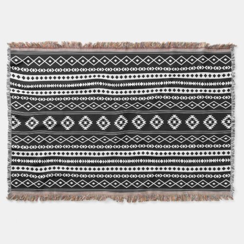Aztec White on Black Mixed Motifs Pattern Throw Blanket