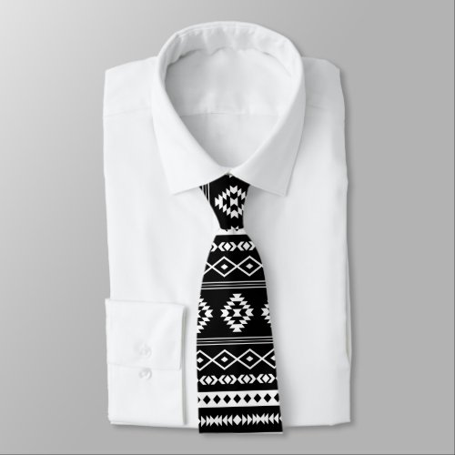 Aztec White on Black Mixed Motifs Repeat Pattern Neck Tie