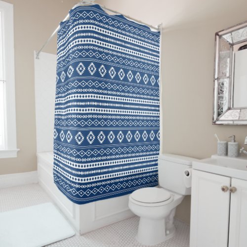 Aztec White on Dk Blue Mixed Motifs 2Part Pattern  Shower Curtain