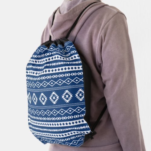 Aztec White on Dk Blue Mixed Motifs Pattern  Drawstring Bag