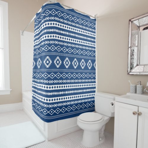 Aztec White on Dk Blue Mixed Motifs Pattern  Shower Curtain