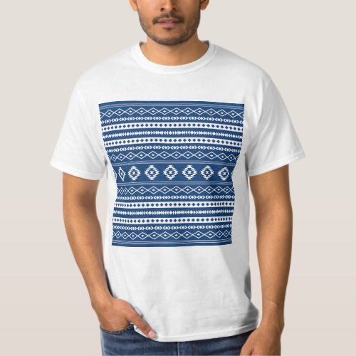 Aztec White on Dk Blue Mixed Motifs Pattern  T_Shirt