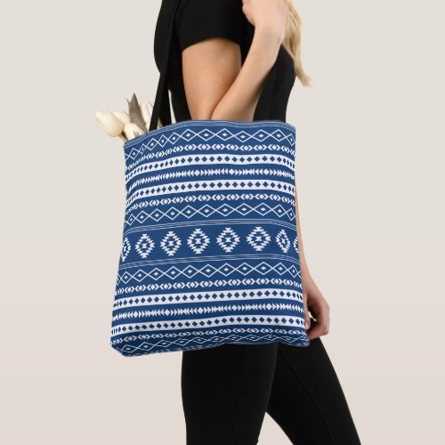 Aztec White on Dk Blue Mixed Motifs Pattern  Tote Bag