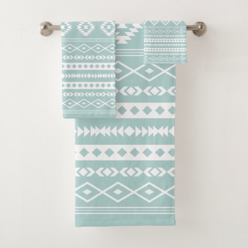 Aztec White on Light Teal Mixed Motifs Pattern Bath Towel Set
