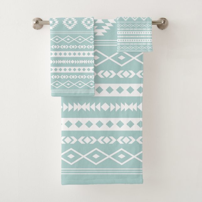 Aztec White on Light Teal Mixed Motifs Pattern Bath Towel Set (Insitu)