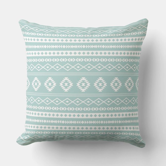 Aztec White on Light Teal Mixed Motifs Pattern Throw Pillow (Front)