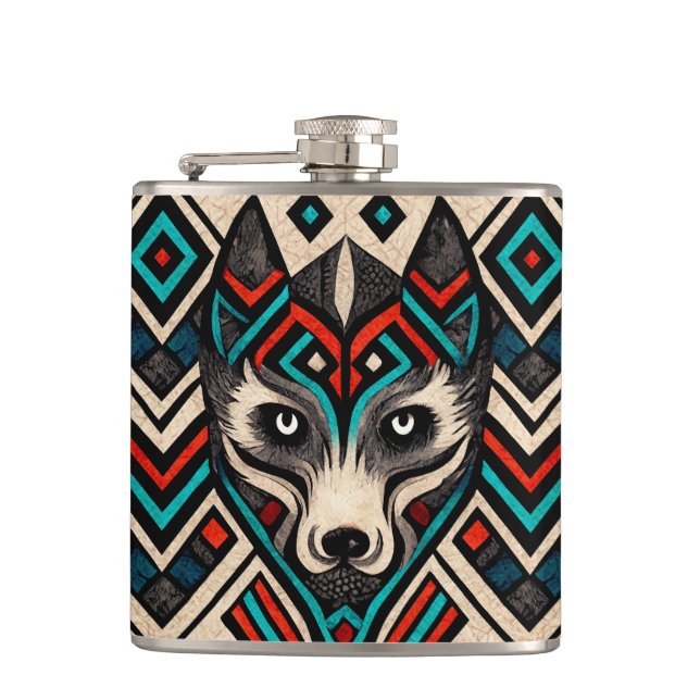 Aztec Wolf Face Flask (Front)