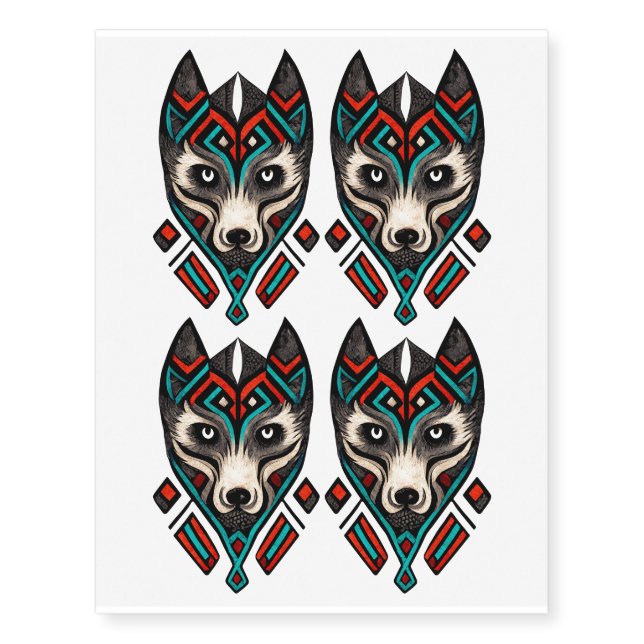 Aztec Wolf Face Temporary Tattoos (Front)