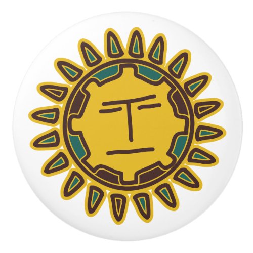 Aztec Yellow Sun Motif Ceramic Knob