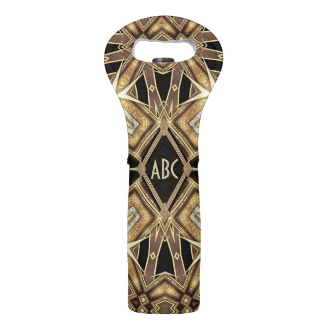 Azteca II Black+Gold Art Deco Monogram Wine Tote (Front)