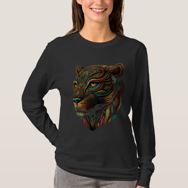Azteca Mountain Lion Indigenous Aztec Colorful Ani T-Shirt (Front)