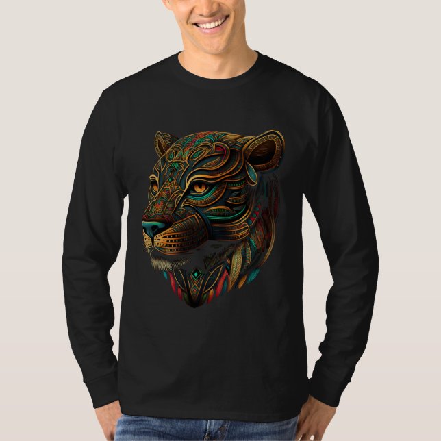 Azteca Mountain Lion Indigenous Aztec Colorful Ani T-Shirt (Front)